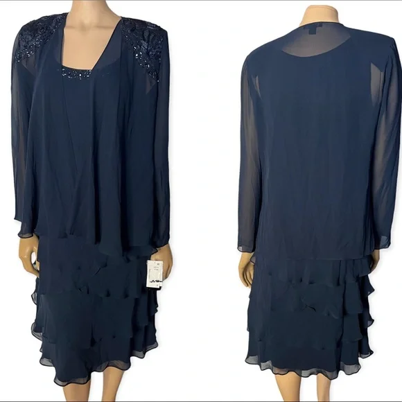 sl fashions women's embellished tiered jacket dress S.L. Fashions Chiffon Tulip Tier Dress-Plus, Size 14W, Navy main image 0